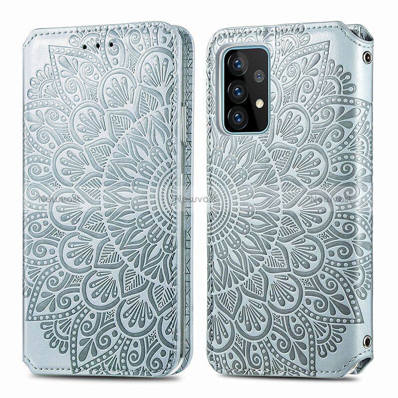 Leather Case Stands Fashionable Pattern Flip Cover Holder S01D for Samsung Galaxy A52s 5G Silver