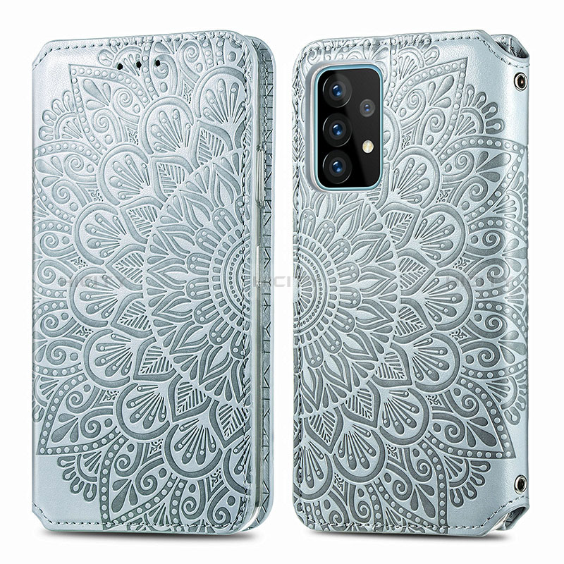 Leather Case Stands Fashionable Pattern Flip Cover Holder S01D for Samsung Galaxy A72 4G Silver