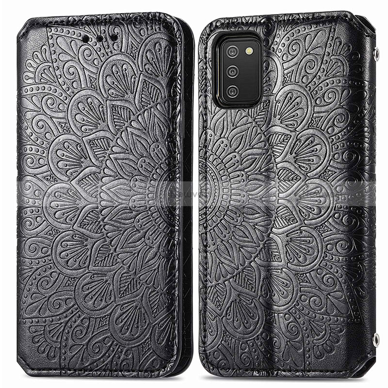 Leather Case Stands Fashionable Pattern Flip Cover Holder S01D for Samsung Galaxy M02s Black