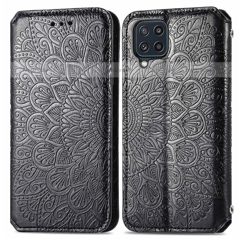 Leather Case Stands Fashionable Pattern Flip Cover Holder S01D for Samsung Galaxy M32 4G Black