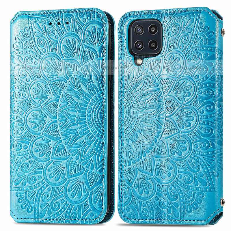 Leather Case Stands Fashionable Pattern Flip Cover Holder S01D for Samsung Galaxy M32 4G Blue