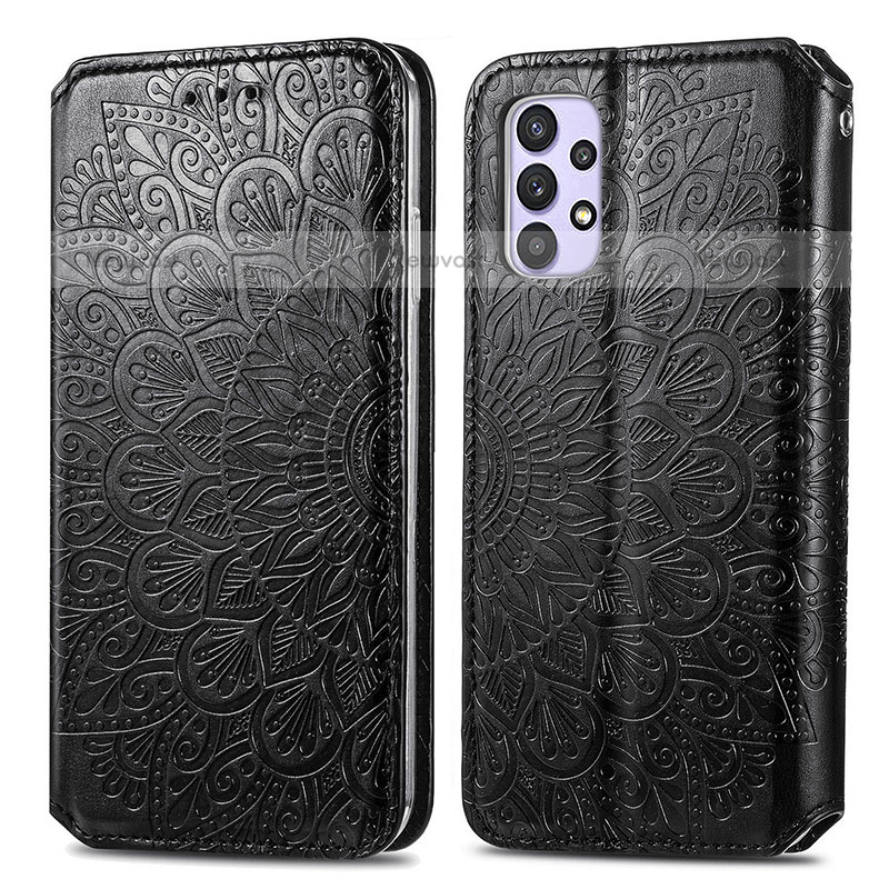 Leather Case Stands Fashionable Pattern Flip Cover Holder S01D for Samsung Galaxy M32 5G Black