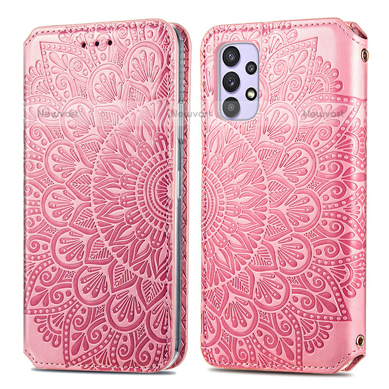 Leather Case Stands Fashionable Pattern Flip Cover Holder S01D for Samsung Galaxy M32 5G Rose Gold