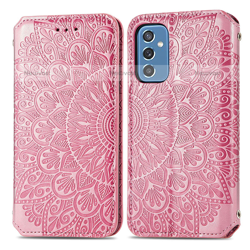 Leather Case Stands Fashionable Pattern Flip Cover Holder S01D for Samsung Galaxy M52 5G Rose Gold