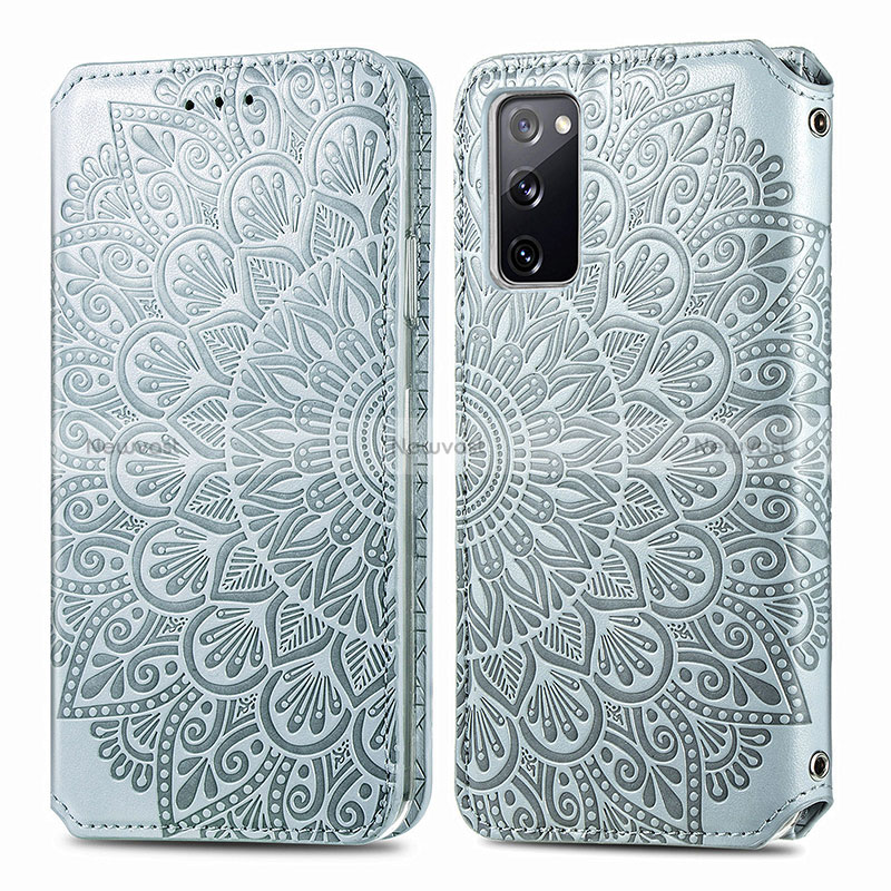 Leather Case Stands Fashionable Pattern Flip Cover Holder S01D for Samsung Galaxy S20 FE (2022) 5G Silver