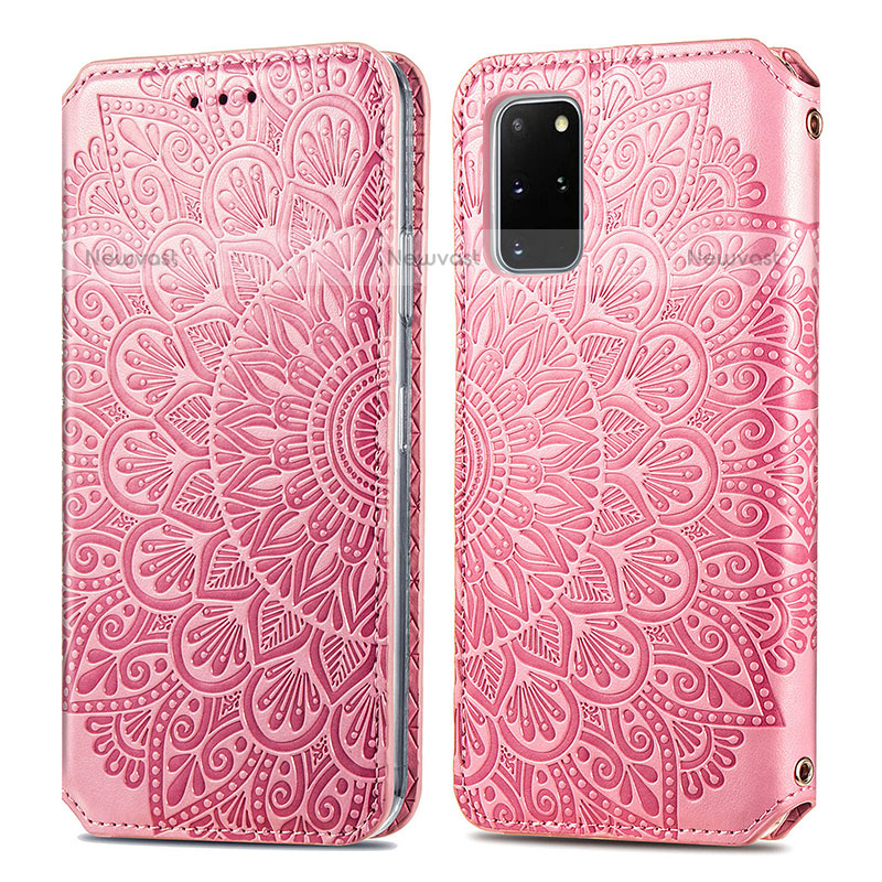 Leather Case Stands Fashionable Pattern Flip Cover Holder S01D for Samsung Galaxy S20 Plus 5G Rose Gold