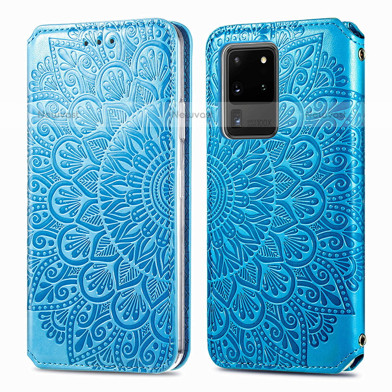 Leather Case Stands Fashionable Pattern Flip Cover Holder S01D for Samsung Galaxy S20 Ultra 5G Blue