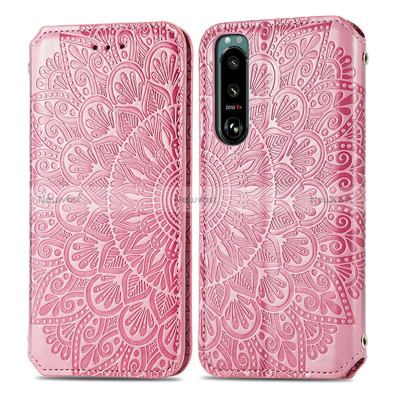 Leather Case Stands Fashionable Pattern Flip Cover Holder S01D for Sony Xperia 5 III Rose Gold