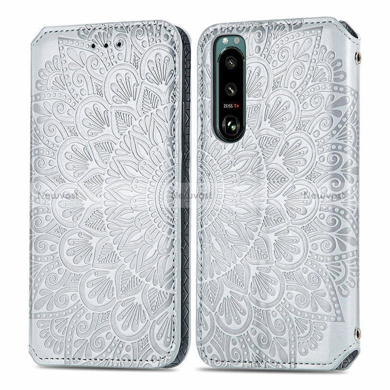 Leather Case Stands Fashionable Pattern Flip Cover Holder S01D for Sony Xperia 5 III Silver