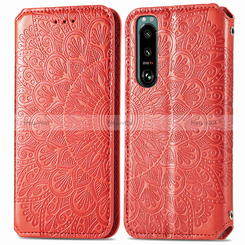 Leather Case Stands Fashionable Pattern Flip Cover Holder S01D for Sony Xperia 5 IV Red