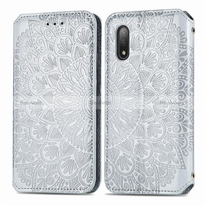 Leather Case Stands Fashionable Pattern Flip Cover Holder S01D for Sony Xperia Ace II Silver