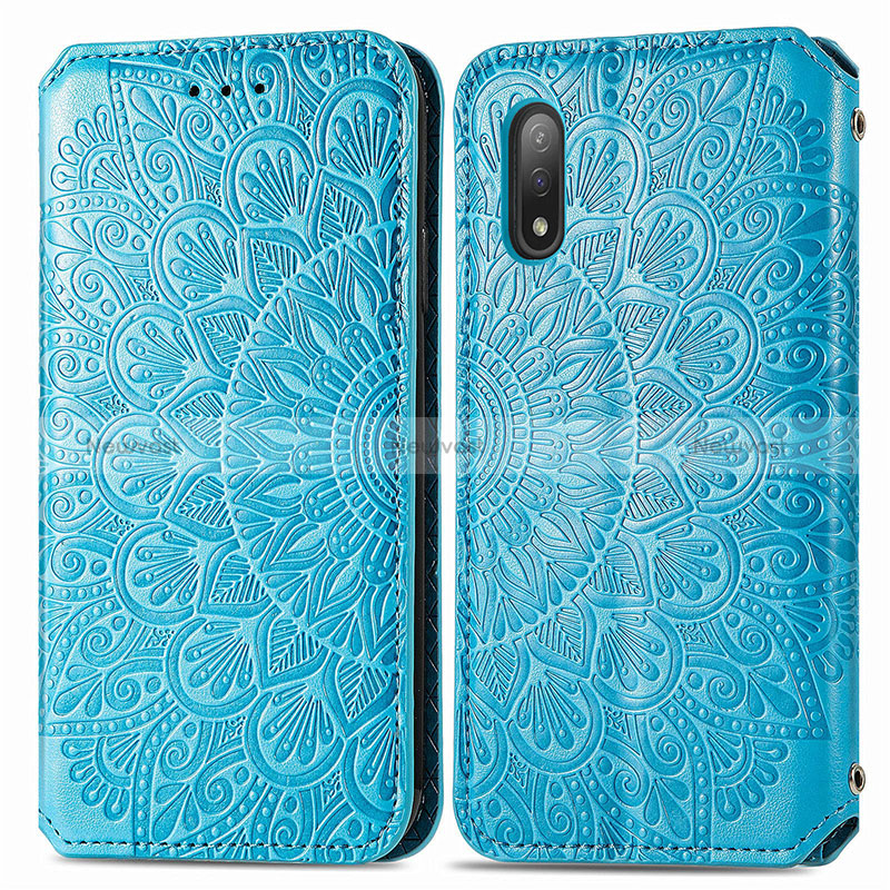 Leather Case Stands Fashionable Pattern Flip Cover Holder S01D for Sony Xperia Ace II SO-41B Blue