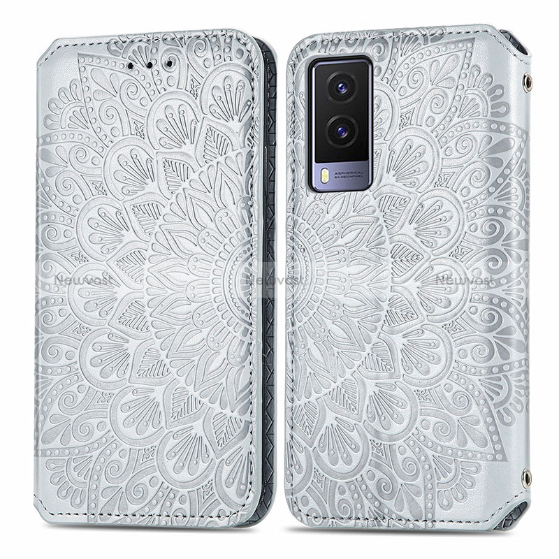 Leather Case Stands Fashionable Pattern Flip Cover Holder S01D for Vivo V21e 5G Silver