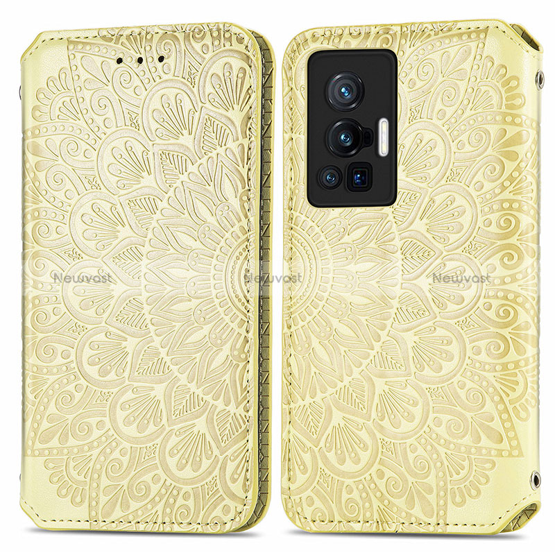 Leather Case Stands Fashionable Pattern Flip Cover Holder S01D for Vivo X70 Pro 5G Gold