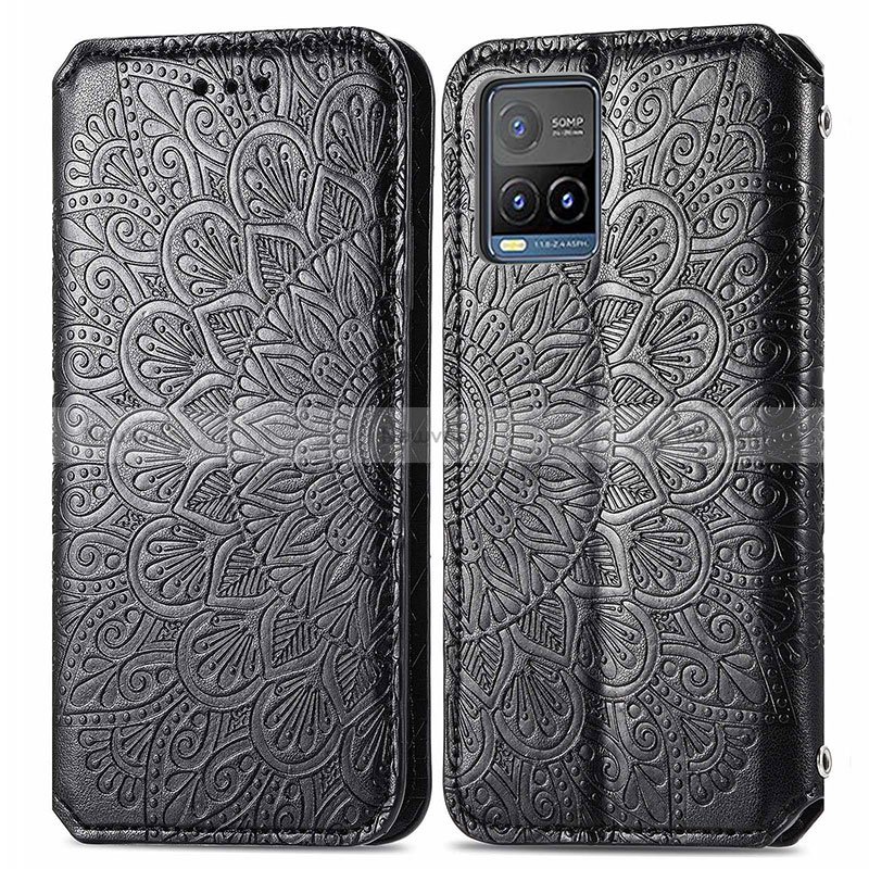 Leather Case Stands Fashionable Pattern Flip Cover Holder S01D for Vivo Y21 Black