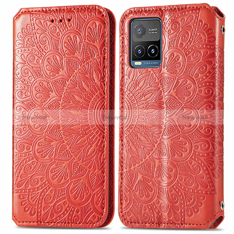 Leather Case Stands Fashionable Pattern Flip Cover Holder S01D for Vivo Y21 Red