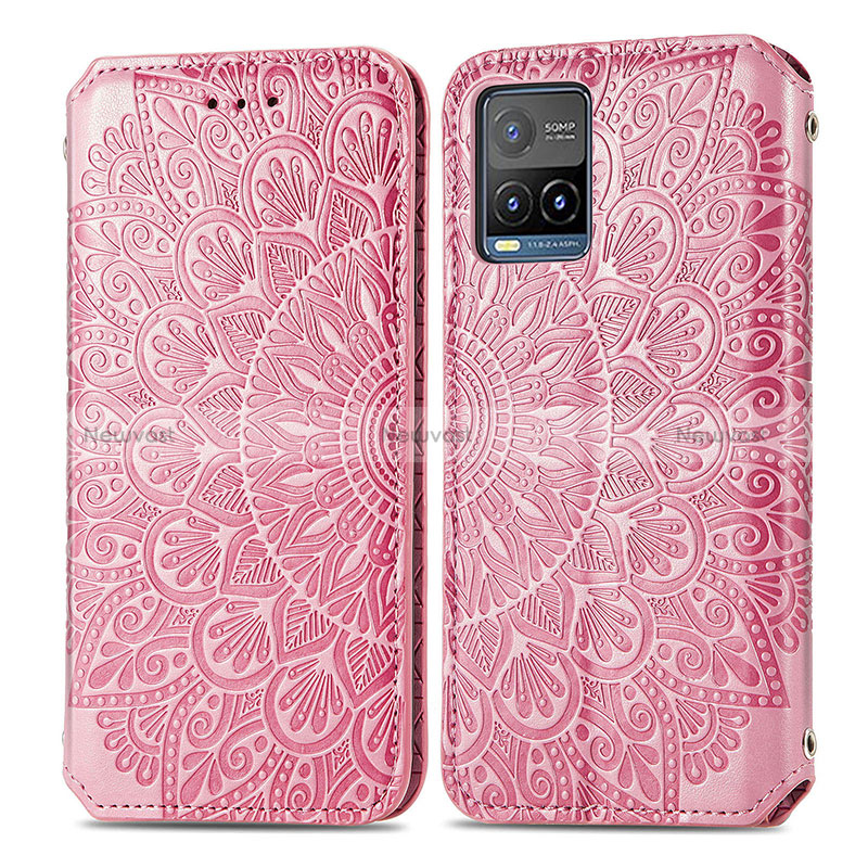 Leather Case Stands Fashionable Pattern Flip Cover Holder S01D for Vivo Y21a Rose Gold