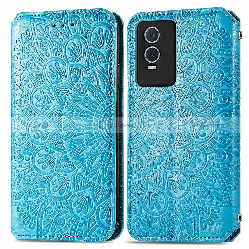 Leather Case Stands Fashionable Pattern Flip Cover Holder S01D for Vivo Y74s 5G Blue