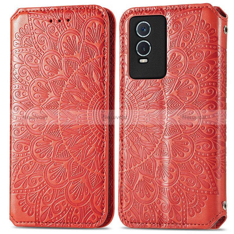 Leather Case Stands Fashionable Pattern Flip Cover Holder S01D for Vivo Y74s 5G Red