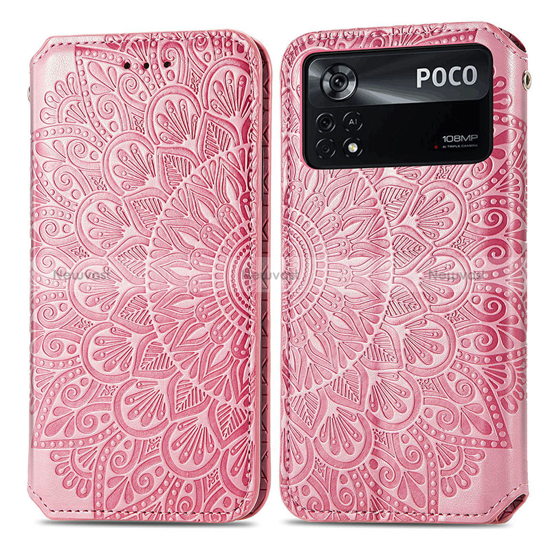 Leather Case Stands Fashionable Pattern Flip Cover Holder S01D for Xiaomi Poco X4 Pro 5G Rose Gold