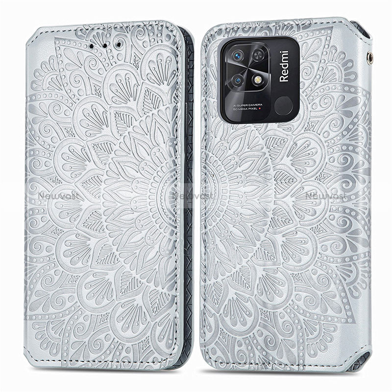 Leather Case Stands Fashionable Pattern Flip Cover Holder S01D for Xiaomi Redmi 10 India Silver