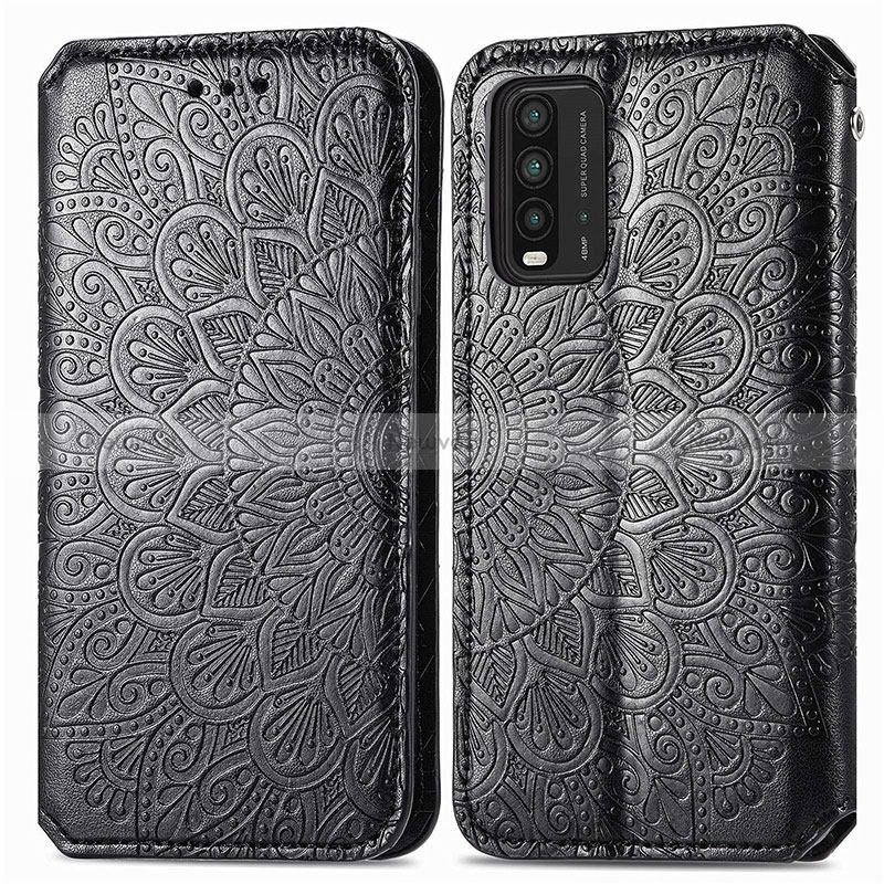 Leather Case Stands Fashionable Pattern Flip Cover Holder S01D for Xiaomi Redmi 9T 4G Black