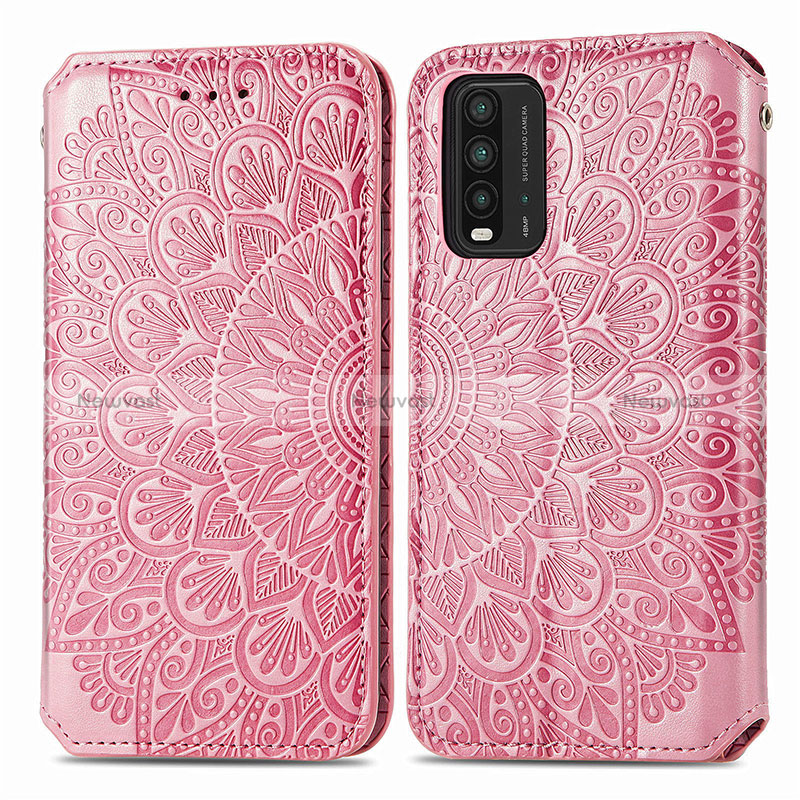 Leather Case Stands Fashionable Pattern Flip Cover Holder S01D for Xiaomi Redmi Note 9 4G Rose Gold