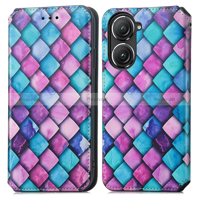 Leather Case Stands Fashionable Pattern Flip Cover Holder S02D for Asus Zenfone 9 Purple