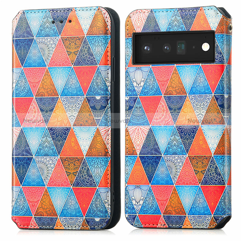 Leather Case Stands Fashionable Pattern Flip Cover Holder S02D for Google Pixel 6 5G Brown