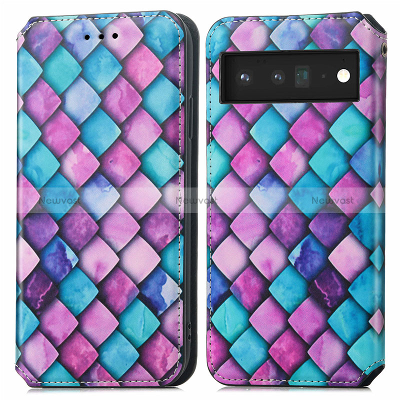 Leather Case Stands Fashionable Pattern Flip Cover Holder S02D for Google Pixel 6 5G Purple