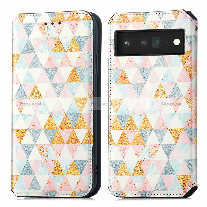 Leather Case Stands Fashionable Pattern Flip Cover Holder S02D for Google Pixel 6 Pro 5G White