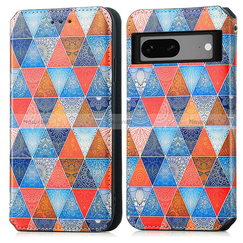 Leather Case Stands Fashionable Pattern Flip Cover Holder S02D for Google Pixel 7a 5G Brown