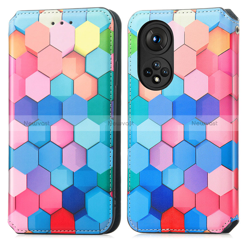 Leather Case Stands Fashionable Pattern Flip Cover Holder S02D for Huawei Honor 50 5G Colorful