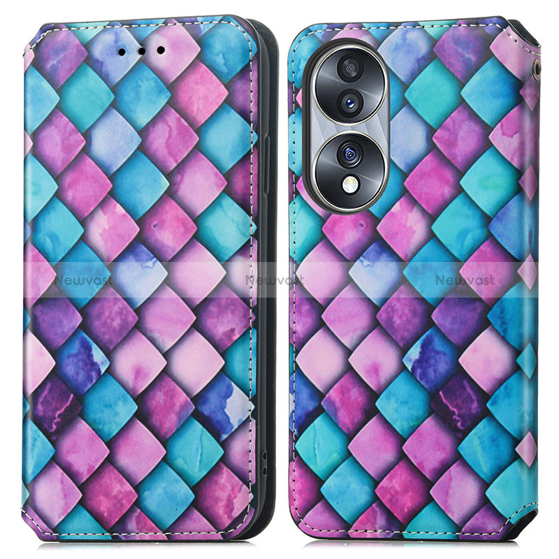 Leather Case Stands Fashionable Pattern Flip Cover Holder S02D for Huawei Honor 70 5G Purple