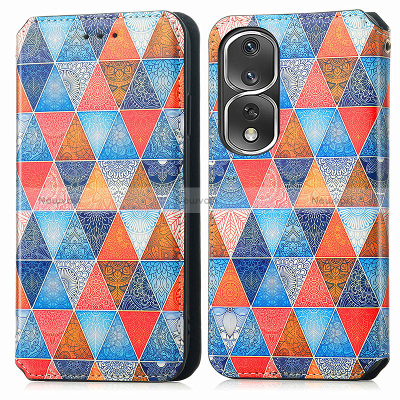 Leather Case Stands Fashionable Pattern Flip Cover Holder S02D for Huawei Honor 80 Pro Flat 5G Brown