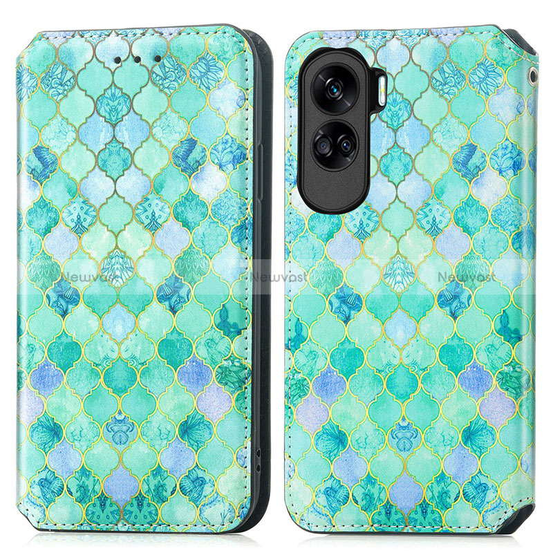 Leather Case Stands Fashionable Pattern Flip Cover Holder S02D for Huawei Honor 90 Lite 5G Green