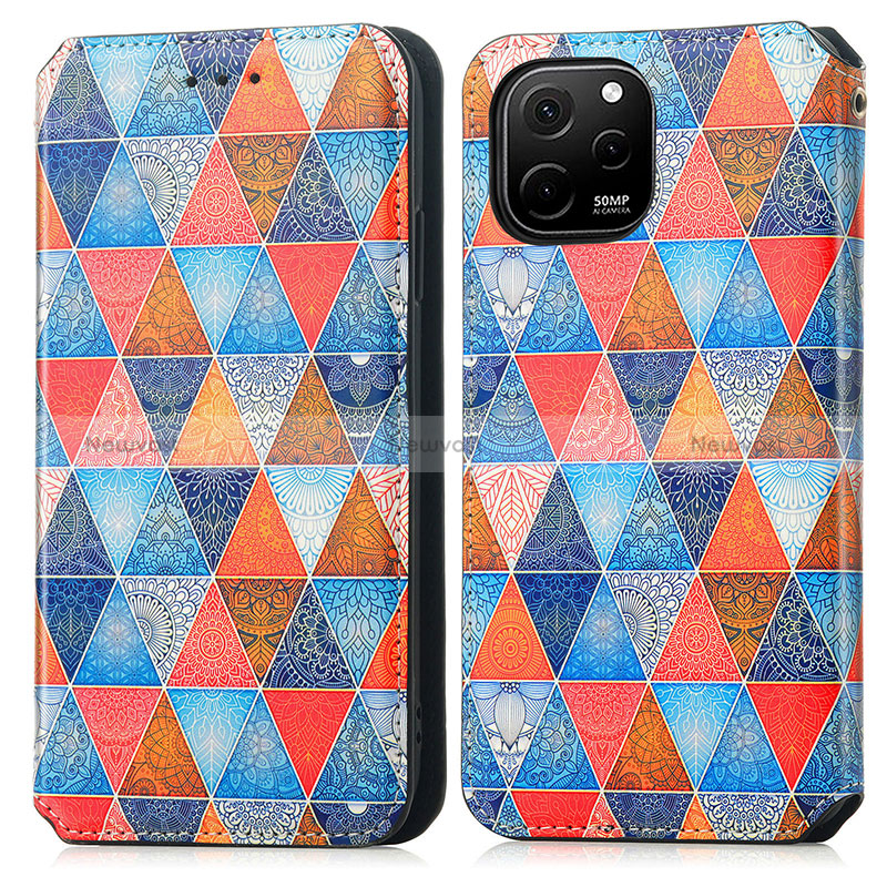 Leather Case Stands Fashionable Pattern Flip Cover Holder S02D for Huawei Nova Y61 Brown