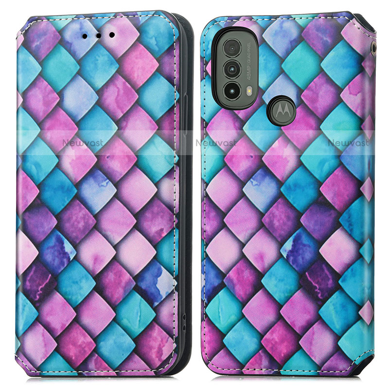 Leather Case Stands Fashionable Pattern Flip Cover Holder S02D for Motorola Moto E30 Purple