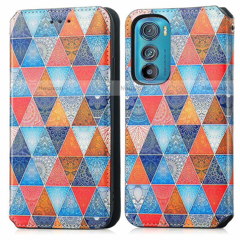 Leather Case Stands Fashionable Pattern Flip Cover Holder S02D for Motorola Moto Edge 30 5G Brown