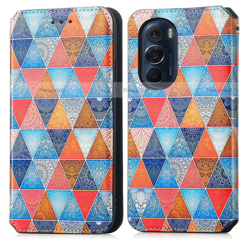 Leather Case Stands Fashionable Pattern Flip Cover Holder S02D for Motorola Moto Edge 30 Pro 5G Brown