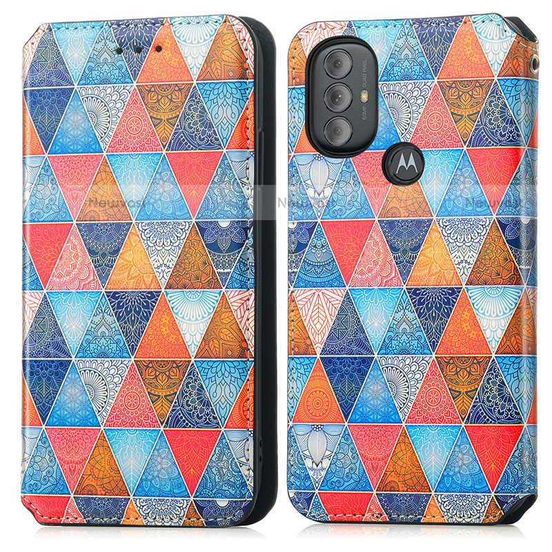 Leather Case Stands Fashionable Pattern Flip Cover Holder S02D for Motorola Moto G Play (2023) Brown