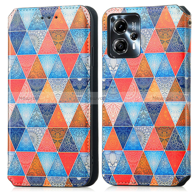 Leather Case Stands Fashionable Pattern Flip Cover Holder S02D for Motorola Moto G13 Brown