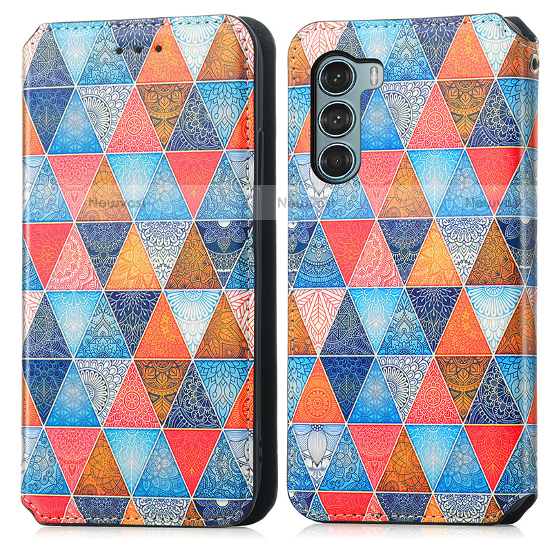 Leather Case Stands Fashionable Pattern Flip Cover Holder S02D for Motorola Moto G200 5G Brown