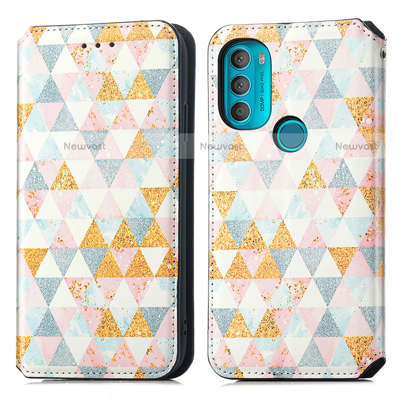 Leather Case Stands Fashionable Pattern Flip Cover Holder S02D for Motorola Moto G71 5G White