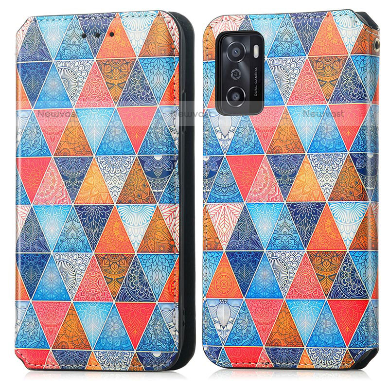 Leather Case Stands Fashionable Pattern Flip Cover Holder S02D for Oppo A55S 5G Brown