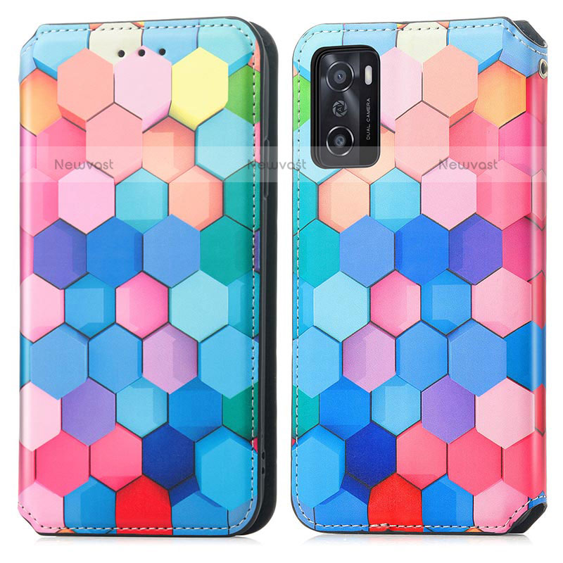 Leather Case Stands Fashionable Pattern Flip Cover Holder S02D for Oppo A55S 5G Colorful