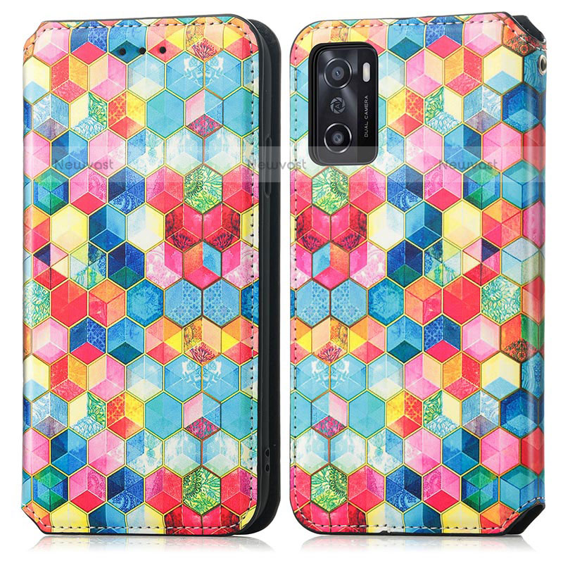 Leather Case Stands Fashionable Pattern Flip Cover Holder S02D for Oppo A55S 5G Mixed