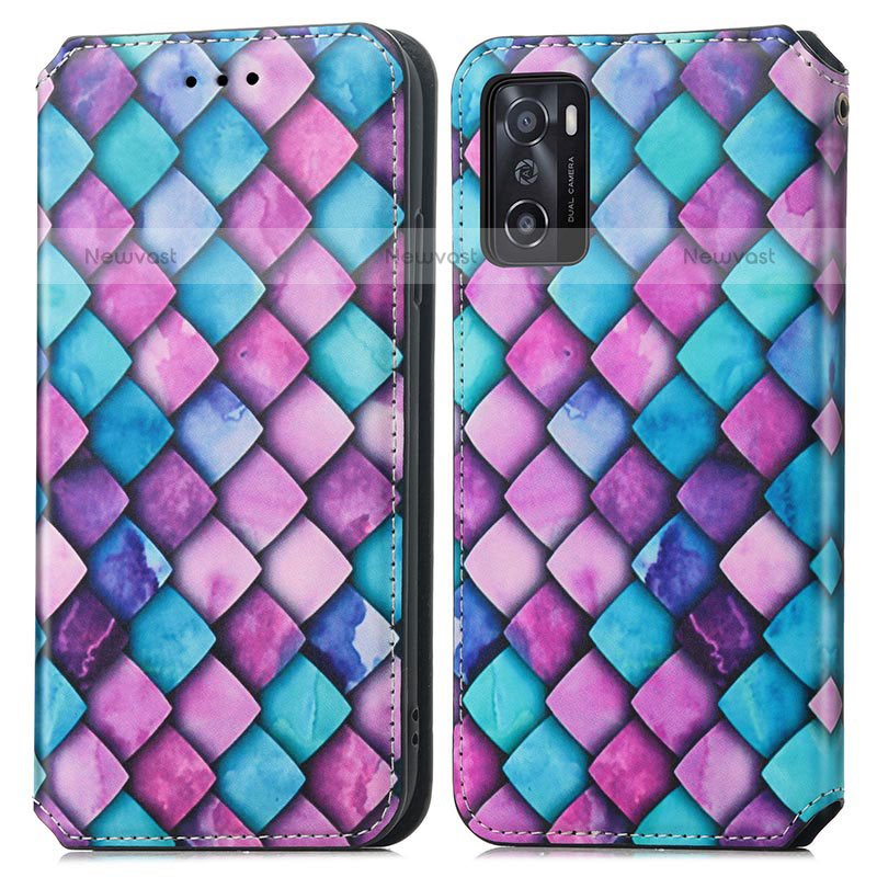 Leather Case Stands Fashionable Pattern Flip Cover Holder S02D for Oppo A55S 5G Purple