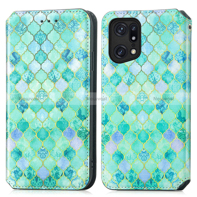 Leather Case Stands Fashionable Pattern Flip Cover Holder S02D for Oppo Find X5 5G Green