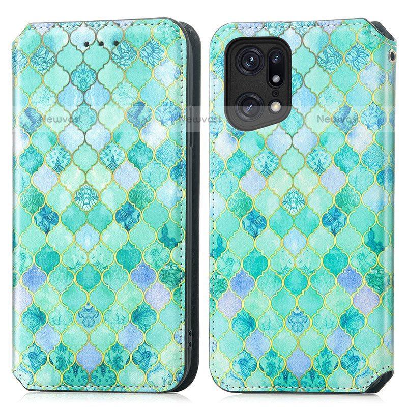 Leather Case Stands Fashionable Pattern Flip Cover Holder S02D for Oppo Find X5 Pro 5G Green